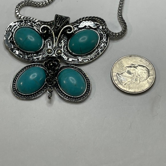 faux turquoise blue necklace butterfly pendant burnished silver tone trendy boho - Picture 6 of 9